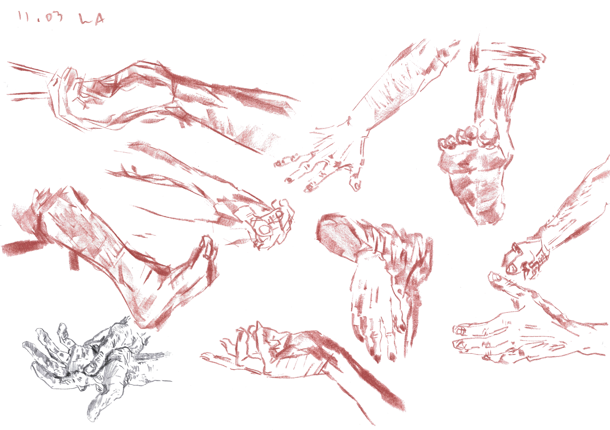 Drawing with studies of hands and feet