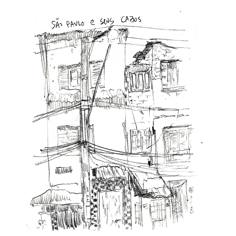 A drawing with houses in Sao Paulo, with many electricity/tv/telephone cables in front of it