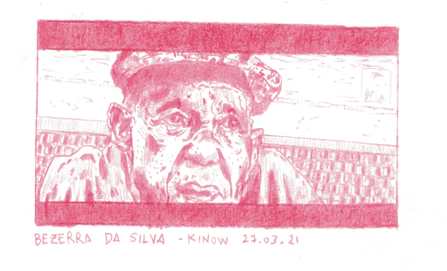 Drawing of Bezerra da Silva in red colored pencil